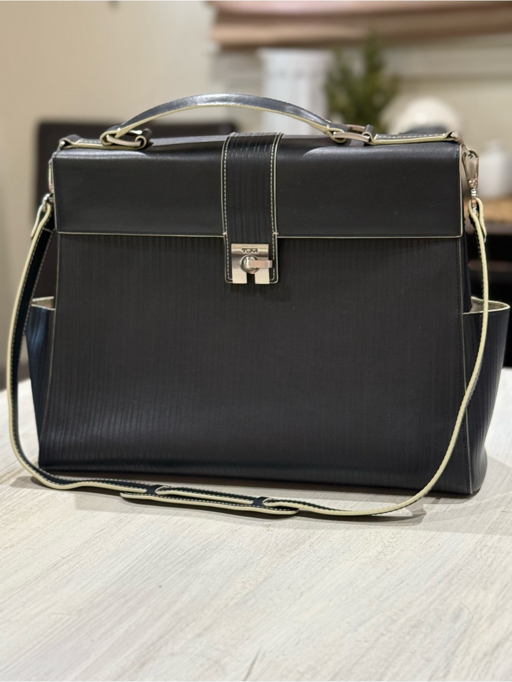 Vintage Tumi Black Ribbed Satchel/Briefcase with Silver-Tone Lock- EUC
